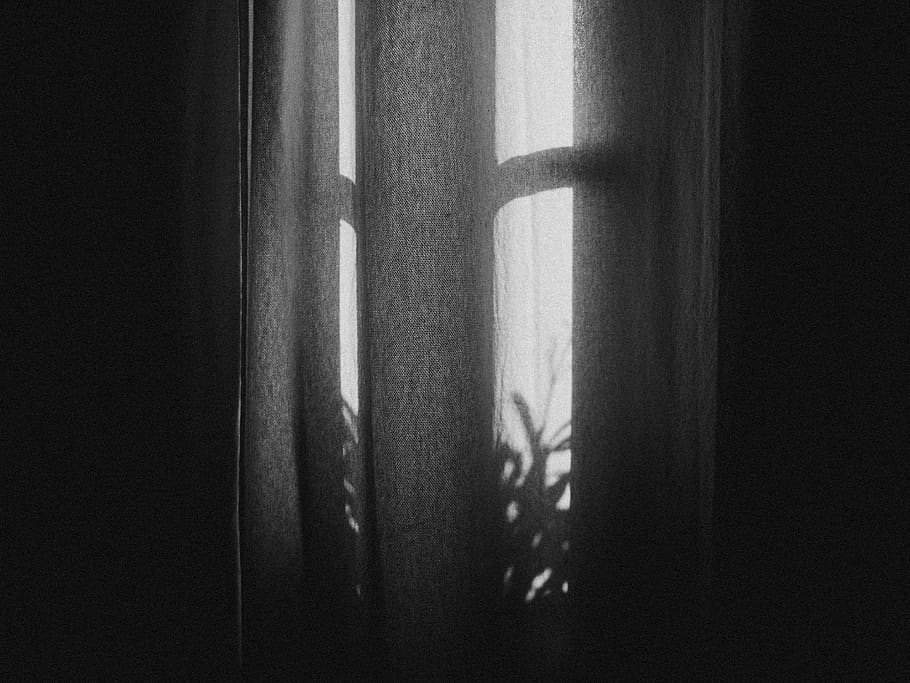 tenda di finestra grigia, astratto, bianco e nero, tenda, buio, in scala di grigi, illuminato, luce, monocromatico, notte, ombra, strada, finestra, in casa, tessile, interno di casa, giorno, persone reali, una persona, vetro - materiale, stanza domestica, trasparente, avvicinamento, luce del sole, caratteristica della parete, natura, donne, concentrarsi sull'ombra, 4K