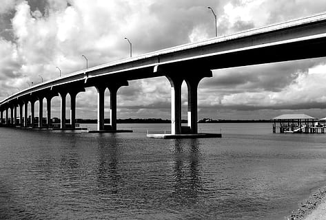 bridge span, river, structure, architecture, vilano beach, florida, bridge, span, water, landmark, suspension, landscape, sky, scenic, travel, road, engineering, steel, construction, outdoor, nature, monochrome, cloud - sky, connection, bridge - man made structure, built structure, transportation, waterfront, no people, architectural column, day, outdoors, low angle view, long, 4K, CC0, public domain, royalty free