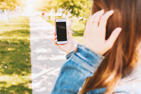 mockup image, woman, using, smartphone, blank, black, screen, outdoor, technology, wireless technology, communication, portable information device, smart phone, mobile phone, connection, holding, adult, young adult, activity, one person, photography themes, women, portability, human hand, telephone, text messaging, photographing, outdoors, hand, hairstyle, teenager, social networking, 5K, CC0, public domain, royalty free
