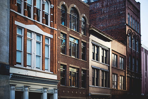 architecture, building, infrastructure, structure, establishment, apartment, windows, condominium, hotel, urban, city, store, shop, mall, built structure, building exterior, window, low angle view, no people, residential district, day, glass - material, outdoors, in a row, side by side, brick, nature, full frame, repetition, wall, row house, 5K, CC0, public domain, royalty free
