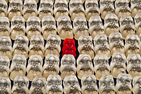 red textile, candy, color, difference, different, differentiation, diversification, diversity, exception, food, fruit gums, gummi bears, gummy bears, red, standing out, sweet, large group of objects, no people, full frame, indoors, in a row, abundance, backgrounds, standing out from the crowd, arrangement, close-up, order, still life, bottle, retail, container, plastic, drink, glass - material, 4K, CC0, public domain, royalty free