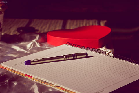 gray, blue, click pen, white, notebook, blank, close-up, composition, document, education, heart, home, indoors, love, message, office, pad, page, paper, red, shape, sheet, table, write, writing, note pad, spiral notebook, pen, no people, pencil, high angle view, open, book, writing instrument, still life, diary, publication, focus on foreground, 5K, CC0, public domain, royalty free