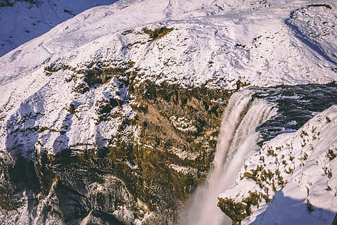snow covered mountain, cold, daylight, environment, falls, geology, high, ice, landscape, mountain, outdoors, river, rocks, scenic, snow, snow capped mountain, time lapse, water, waterfalls, winter, beauty in nature, rock, cold temperature, tranquility, scenics - nature, nature, rock - object, day, no people, solid, rock formation, tranquil scene, non-urban scene, physical geography, snowcapped mountain, formation, flowing water, eroded, 5K, CC0, public domain, royalty free