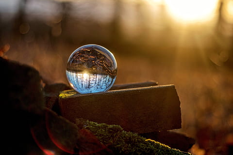 chiaro, palla di vetro, mattone, sfondo, immagine di sfondo, sfocatura, bolla, avvicinamento, luce del giorno, sera, ora d'oro, paesaggio, luce, umore, muschio, bolla di sapone, sole, raggio di sole, tramonto, legna, natura, vetro - materiale, luce del sole, trasparente, concentrarsi sulle conoscenze acquisite, sfera, albero, riflessione, all'aperto, messa a fuoco selettiva, pianta, giorno, bicchiere, foresta, nessuno, attrezzature domestiche, riflesso lente, palla di cristallo, terra, 5K, CC0, dominio pubblico, privo di copyright