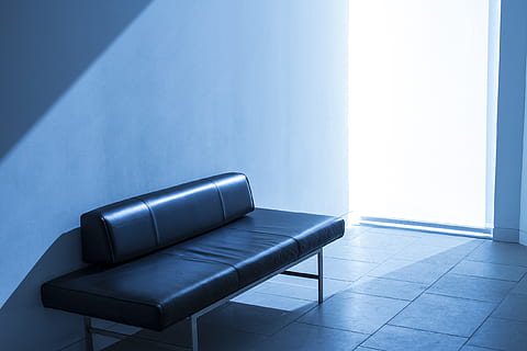 Sunlight, Couch, Sofa, Light, Room, Lobby, Office, blue, indoors, modern, domestic room, sparse, empty, no people, home interior, flooring, architecture, absence, wall - building feature, chair, simplicity, furniture, seat, copy space, living room, built structure, home, armchair, luxury, clean, 2K, CC0, public domain, royalty free
