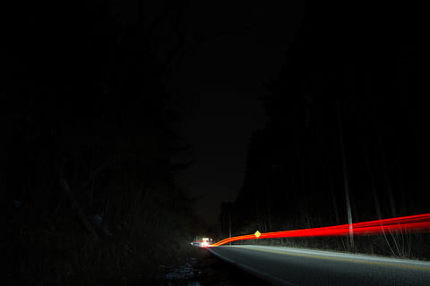 vibrant, forest, trees, light, stars, night, bedtime, streaks, exposure, star light, red light, light streaks, red, transportation, light trail, long exposure, illuminated, motion, mode of transportation, tail light, no people, speed, road, car, blurred motion, motor vehicle, nature, copy space, dark, headlight, water, 5K, CC0, public domain, royalty free