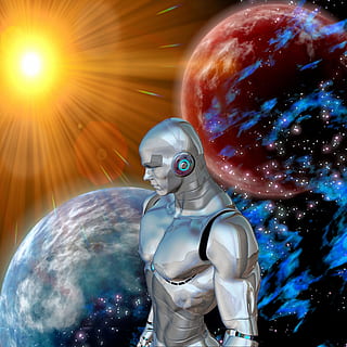 robot, sol, rom, fjern, science fiction, utopi, fantasi, sollys, planet, atmosfære, belysning, kloden, galakse, menneskelig representasjon, representasjon, mannlig likhet, futuristiske, himmel, ingen folk, astronomi, kunst og Håndverk, utforsking av verdensrommet, planet - plass, vitenskap, planeten jorden, natur, natt, kreativitet, sfære, skulptur, statue, teknologi, digital kompositt, 2K, CC0, offentlig domene, opphavsrett gratis