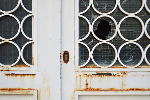 home decor, window, rust, shutter, curtain, door, transportation, bicycle, vehicle, bike, window shade, rusty, broken window, broken, locked, glass, old door, linen, machine, wheel, metal, architecture, built structure, day, no people, geometric shape, pattern, building exterior, entrance, circle, full frame, safety, security, closed, weathered, shape, design, backgrounds, outdoors, deterioration, iron, 2K, CC0, public domain, royalty free