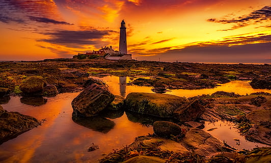 Weiß, Leuchtturm, golden, Stunde, Strand, Wolken, konkrete Struktur, Abend, goldene Stunde, Landschaft, Natur, Reflexion, Felsen, Himmel, Steine, Sonne, Sonnenuntergang, Wasser, wolke - himmel, die Architektur, gebaute Struktur, orange Farbe, Reiseziele, die Vergangenheit, Turm, Geschichte, Schönheit in der Natur, Szenen - Natur, keine Leute, Gebäudehülle, Ruhe, Meer, ruiniert, 2K, CC0, gemeinfrei, lizenzfrei