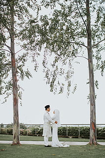 par, stående, træ, beklædning, tøj, person, human, plante, robe, mode, kjole, aftenkjole, bukser, vegetation, bryllup, ærme, langærmet, kvinde, fodgænger, græs, mennesker, udendørs, fuld længde, natur, to personer, herrer, bryllupskjole, brud, rigtige mennesker, livsbegivenheder, samvær, Kvinder, kærlighed, nygift, dag, vækst, par - forhold, voksen, positive følelser, 5K, CC0, offentligt domæne, royaltyfrie