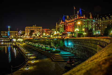 buildigns with light, canada, victoria, bridge, building, boardwalk, urban, city, downtown, town, architecture, plaza, town square, resort, hotel, landscape, outdoors, scenery, nature, convention center, housing, built structure, night, building exterior, illuminated, water, connection, bridge - man made structure, river, transportation, travel destinations, no people, history, sky, cityscape, arch bridge, 4K, CC0, public domain, royalty free