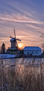 naturalesa, màquina, motor, a l'aire lliure, heeswijk-dinther, kilsdonkse molen, Països Baixos, turbina, edifici, habitatge, camp, herba, planta, rural, aerogenerador, congelat, neu, estany, hivern, cel, posta de sol, aigua, cap gent, arquitectura, bellesa a la natura, estructura construïda, escenics - natura, núvol - cel, llac, exterior de l'edifici, transport, vaixell nàutic, tranquil·litat, escena tranquil·la, color taronja, 4K, CC0, domini públic, lliure de regalies