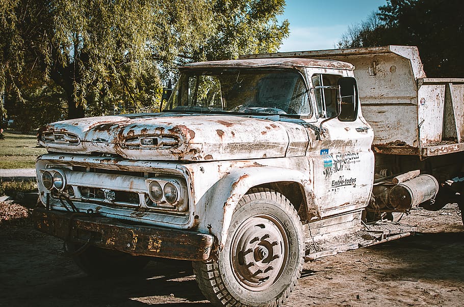 blanc, bolcar, aparcament de camions, alt, arbres, durant el dia, automòbil, òxid, rovellat, sistema de transport, camió, vehicle, roda, manera de transport, transport, vehicle terrestre, abandonat, espatllat, aixafar, vell, obsoleta, cotxe, deteriorament, declivi, dia, estacionari, resistent, metall, mal estat, arbre, terra, cap gent, arruïnat, a l'aire lliure, 4K