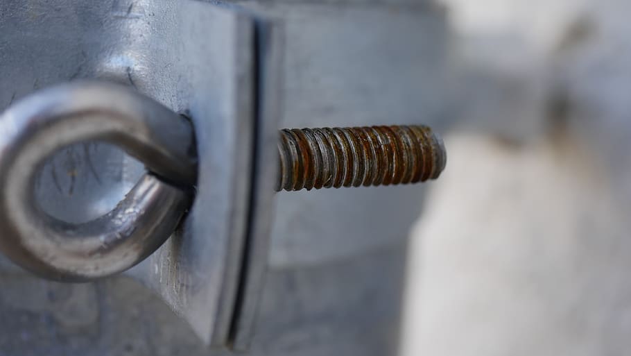 skrue, tråd, rust, teknologi, håndværk, metal, tæt på, dag, ingen mennesker, udendørs, rusten, fokus på forgrunden, murbygningsfunktion, selektiv fokusering, beskyttelse, sikkerhed, rør - rør, gammel, Bolt, forvitret, dør, håndtere, knop, sølvfarvet, stål, 5K