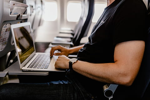 unrecognizable, man, notebook, sitting, inside, airplane, adult, computer, keyboard, macbook, work, laptop, working, watch, staircase, trip, writing, journey, businessman, entrepreneur, plane, flight, passenger, technology, wireless technology, using laptop, connection, communication, air vehicle, midsection, casual clothing, people, indoors, vehicle interior, transportation, occupation, young adult, typing, 5K, CC0, public domain, royalty free