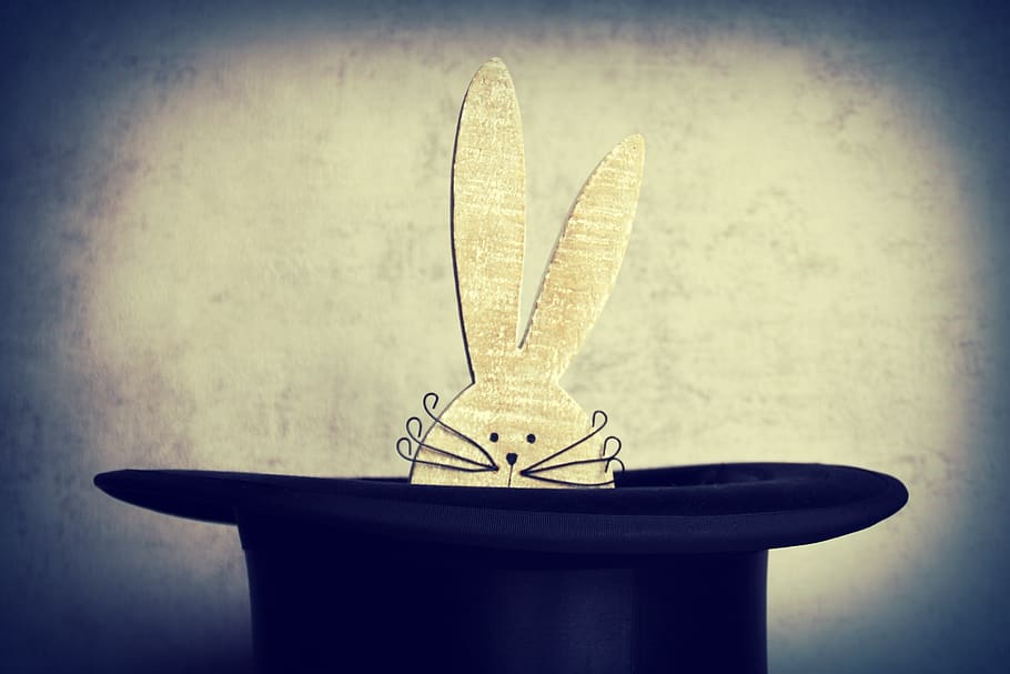 llebre, barret, cilindre, conjurar, punt de mira, Pasqua, ous de Pasqua, mag, màgia, vareta, del seu barret, conill, encantat, màgic, saltar, salta, vinyeta, sol objecte, cap gent, a l'interior, representació, art i artesania, representació animal, animal, cornamenta, primer pla, cérvol, creativitat, part del cos dels animals, natura morta, temes d'animals, funció de construcció de parets, artesania, objectes fets per l’home, fet per l'home, 2K