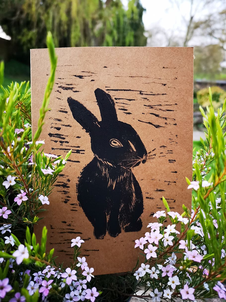 art, targeta, Pasqua, conill, llebre, bonic, primavera, orelles, animal, herba, colorit, adorable, mascota, naturalesa, dolç, temes d'animals, cap gent, representació, representació animal, planta, dia, art i artesania, mamífer, un animal, text, escultura, primer pla, creativitat, flor, vertebrats, comunicació, planta amb flors, animals domèstics, a l'aire lliure, 2K