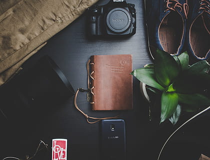 schwarz, Sony DSLR-Kamera, neben, braun, Notizbuch, Kamera, dunkel, Ausrüstung, Flatlay, Gadgets, drinnen, Linse, Fotografie, Pflanze, Smartphone, Sonnenbrille, Technologie, Blatt, Pflanzenteil, Kommunikation, direkt darüber, Tabelle, Stillleben, Topfpflanze, Veröffentlichung, Buch, Verbindung, keine Leute, Natur, kabellose Technologie, Nahansicht, High Angle View, Musik-, Kamera - Fotoausrüstung, Leder, 4K, CC0, gemeinfrei, lizenzfrei
