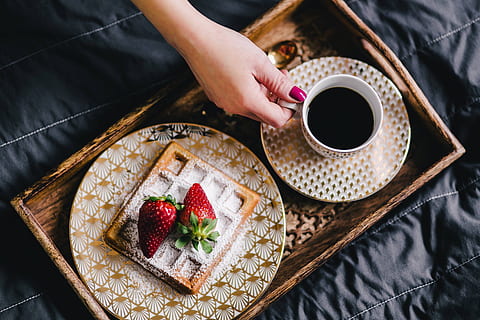 saffle, strawberries, cup, coffee, fruit, cafe, bed, sugar, tray, powder, strawberry, waffle, black coffee, wooden tray, golden plate, vola art of deco, vola, food and drink, food, berry fruit, healthy eating, one person, freshness, sweet food, indoors, sweet, high angle view, dessert, adult, midsection, human hand, directly above, hand, preparation, holding, preparing food, 4K, CC0, public domain, royalty free