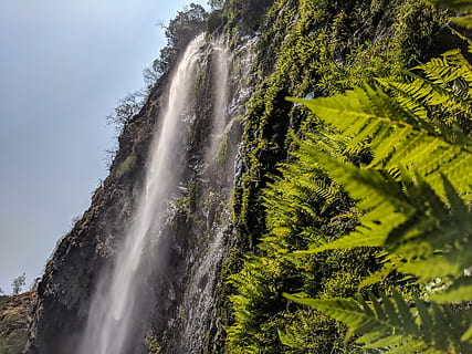 waterfalls during daytime, cascade, flow, mist, mountain, nature, water, waterfalls, tree, beauty in nature, plant, scenics - nature, motion, no people, green color, land, growth, long exposure, day, waterfall, forest, outdoors, non-urban scene, sea, blurred motion, power in nature, flowing water, 4K, CC0, public domain, royalty free
