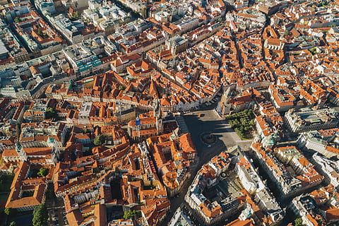 aerial, view, historical, city, prague, czech republic, building exterior, architecture, built structure, building, high angle view, residential district, cityscape, aerial view, crowd, crowded, day, roof, nature, travel destinations, full frame, outdoors, city life, townscape, 4K, CC0, public domain, royalty free