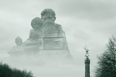 monument gri monede, statuie, monument, coloană, copac, aburi, ceaţă, arhitectură, proiecta, în aer liber, natură, reflecţie, tiergartengewässer, pod, stins, Siegessäule, victorie coloană, expunere dublă, parc, Germania, Berlin, sculptură, loc faimos, istorie, cer, culturi, nor - cer, artă, 5K, CC0, domeniu public, fără drepturi de autor