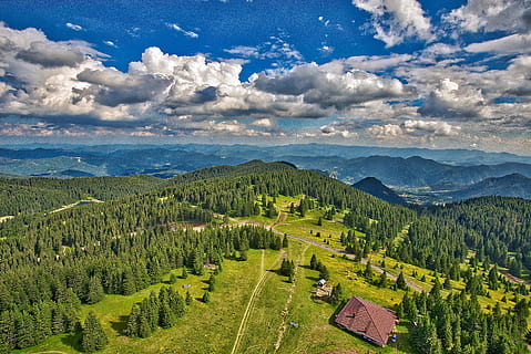 panoramico, vista, rurale, paesaggio, nuvole, Cloudscape, conifere, luce del giorno, ambiente, soffice, foresta, erba, campo d'erba, campo di fieno, colpo alto, escursione, picco di montagna, montagne, natura, all'aperto, pittoresco, strade, scenario, estate, luce del sole, terreno, turismo, alberi, vacanza, valle, boschi, scenics - natura, nuvola - cielo, bellezza nella natura, scena tranquilla, cielo, pianta, la tranquillità, colore verde, albero, montagna, scena non urbana, crescita, nessuno, giorno, idilliaco, terra, campo, catena montuosa, 5K, CC0, dominio pubblico, privo di copyright