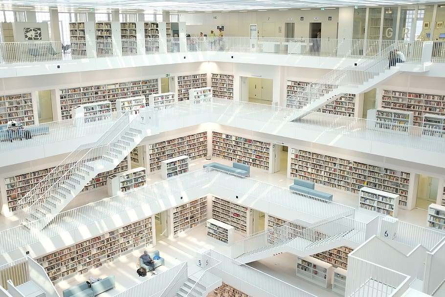 libri all'interno dell'edificio, architettura, struttura costruita, vista dall'alto, esterno dell'edificio, scala, ringhiera, gradini e scale, costruzione, Colore bianco, giorno, formazione scolastica, nessuno, biblioteca, moderno, quartiere residenziale, mensola, città, apprendimento, 4K