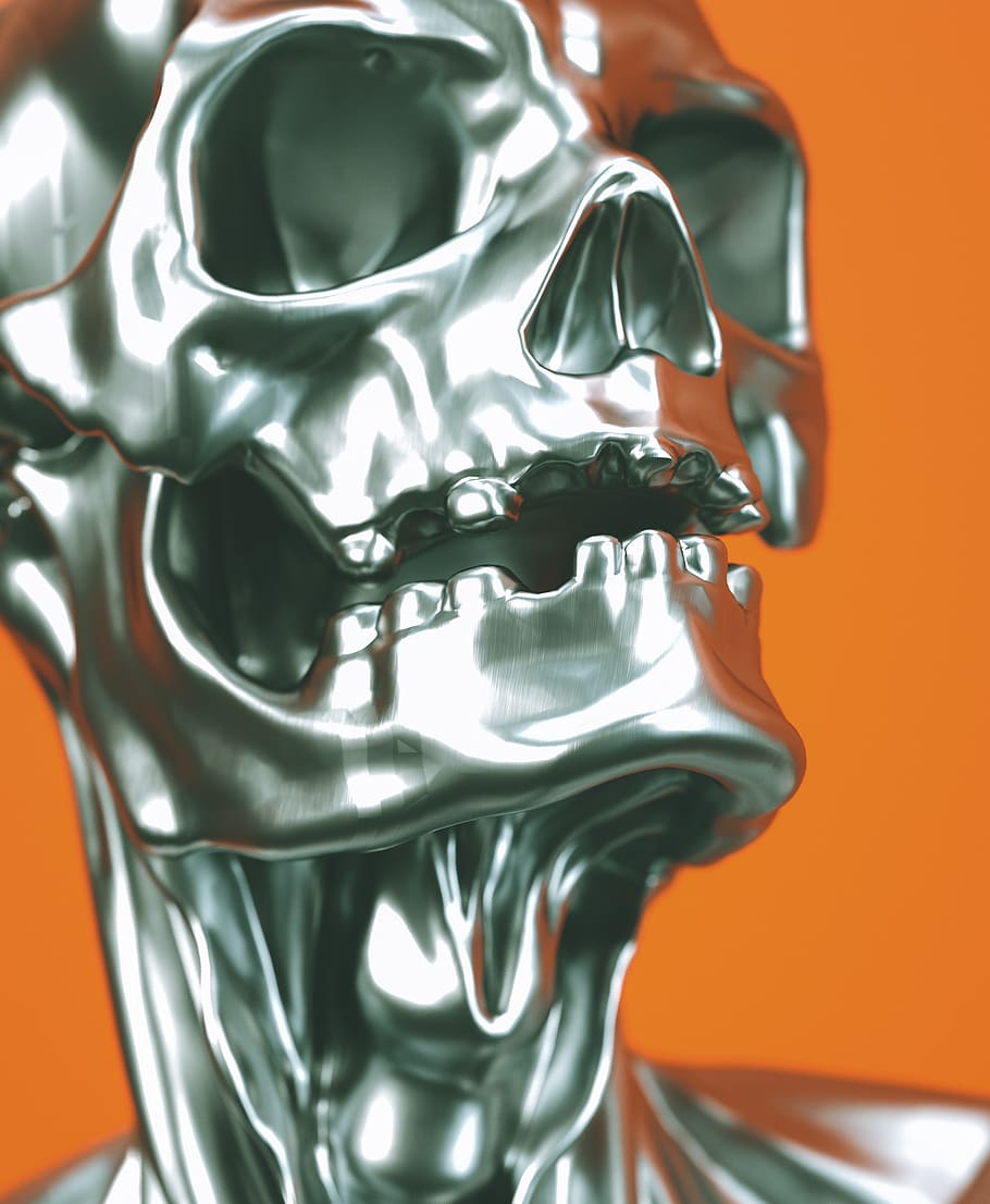 crani de plata, disseny, horror, plata, esquelet, crani, representació, metall, cap gent, primer pla, a l'interior, representació humana, art i artesania, natura morta, creativitat, escultura, estàtua, artesania, tir de l'estudi, semblança femenina, sol objecte, semblança masculina, centrar-se en primer pla, color taronja, color plata, fusió, 1080P