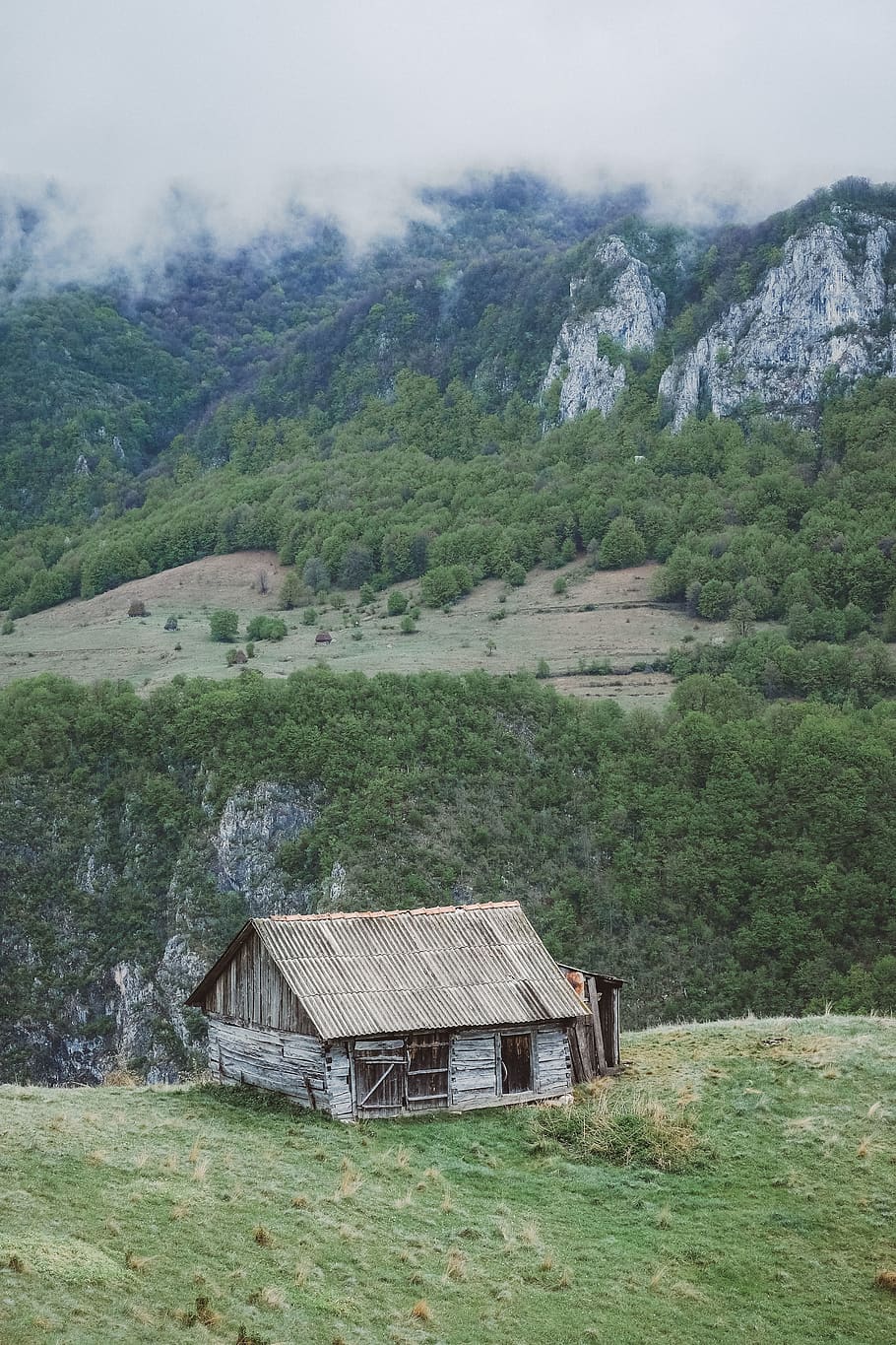 muntanya, muntanya alta, núvol, paisatge, naturalesa, vall, verd, herba, arbres, bosc, refugi, planta, arbre, cap gent, color verd, terra, tranquil·litat, escenics - natura, bellesa a la natura, escena tranquil·la, dia, creixement, arquitectura, estructura construïda, medi ambient, escena no urbana, a l'aire lliure, 4K