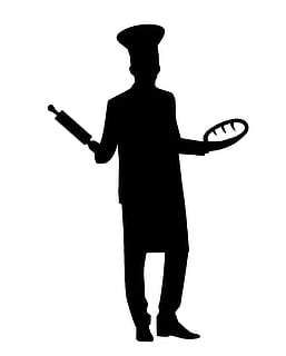 silhouette, baker, standing, baking hat, hat., bakery, bread, brezel, baking, cornbaguette, food, tripple, symbol, cook, professional, profession, job, occupation, icon, vector svg, pictogram, isolated, cooked, kitchen, man, male, pose, , white background, one person, studio shot, indoors, men, full length, hat, cut out, business person, males, front view, well-dressed, clothing, businessman, business, leisure activity, lifestyles, 2K, CC0, public domain, royalty free