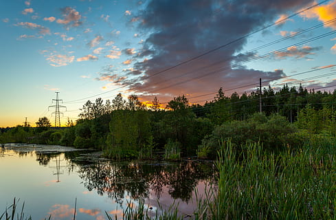 trees, river, clouds, dawn, environment, grass, power lines, reflection, scenic, sky, sunset, water, plant, tree, cloud - sky, beauty in nature, electricity, cable, nature, scenics - nature, fuel and power generation, tranquility, lake, no people, technology, connection, tranquil scene, outdoors, power supply, 4K, CC0, public domain, royalty free
