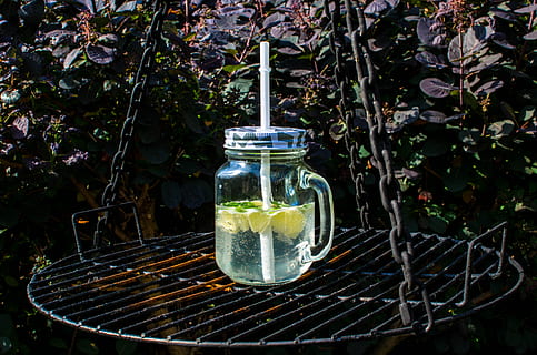 jar, grill, the plot, drinking, straw, tasty, happiness, plant, transparent, no people, food and drink, glass - material, container, day, nature, freshness, outdoors, food, growth, table, drink, close-up, green color, front or back yard, water, glass, 4K, CC0, public domain, royalty free