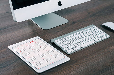 imac, ipad, computer, tablet, mobile, monitor, apple, technology, business, desktop, corporate, mac, keyboard, mouse, calendar, desk, office, table, communication, high angle view, indoors, wood - material, wireless technology, no people, still life, connection, computer equipment, pen, computer keyboard, publication, day, book, portable information device, furniture, 4K, CC0, public domain, royalty free