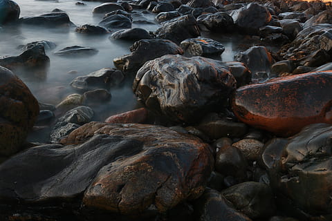 rocks, scattered, river, sea life, animal, reptile, turtle, pebble, water, nature, rubble, outdoors, sea, promontory, rock, black, landscape, red, aberdeenshire, coast, scotland, peacefull, solid, rock - object, no people, motion, land, beauty in nature, beach, long exposure, day, wet, blurred motion, scenics - nature, rock formation, high angle view, flowing water, marine, 5K, CC0, public domain, royalty free