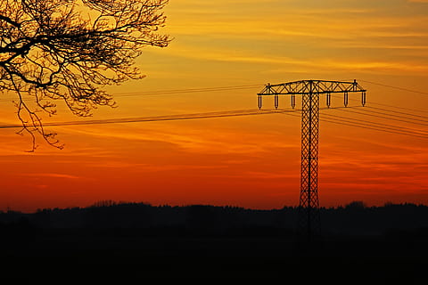 sunset, strommast, current, energy, electricity, sky, power line, landscape, abendstimmung, dusk, evening sky, power lines, evening, high voltage, twilight, line, upper lines, technology, reinforce, silhouette, orange color, tree, cloud - sky, fuel and power generation, electricity pylon, nature, beauty in nature, no people, scenics - nature, power supply, plant, connection, outdoors, cable, romantic sky, 5K, CC0, public domain, royalty free