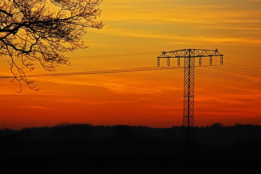 apus de soare, strommast, actual, energie, electricitate, cer, linie de alimentare, peisaj, Abendstimmung, amurg, cerul de seară, linii de înaltă tensiune, seară, tensiune înaltă, linia, linii superioare, tehnologie, consolida, siluetă, culoare portocalie, copac, nor - cer, combustibil și generarea de energie electrică, stâlp electric, natură, frumusețe în natură, nici o persoana, scenice - natura, alimentare electrică, plantă, conexiune, în aer liber, cablu, cerul romantic, 5K