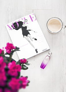 vogue magazine, beside, perfume bottle, bright, coffee, color, cup, drink, flowers, from above, magazine, perfume, vogue, table, flower, refreshment, flowering plant, pink color, freshness, food and drink, still life, plant, indoors, high angle view, close-up, no people, coffee - drink, coffee cup, paper, wood - material, glass, purple, 4K, CC0, public domain, royalty free