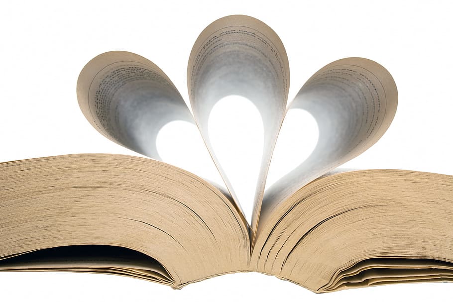 llibre, pàgines, obert, forma, objecte, paper, solter, lectura, publicació, pàgina, creativitat, emoció positiva, saviesa, emoció, amor, educació, literatura, forma del cor, plegat, activitat, aprenentatge, Color blanc, dia de Sant Valentí: vacances, còpia espai, cap gent, llibre de tapa dura, lluminós, estudiar, 4K