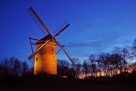 molen, toren windmolen, windmolen, historisch, architectuur, hemel, mijlpaal, interessante plaatsen, een bezoek waard, molen vleugel, gebouw, vleugel, avond, schemer, korenmolen, Krefeld, geismühle, malen, brandstof en stroomopwekking, milieubehoud, windturbine, turbine, windkracht, hernieuwbare energie, traditionele windmolen, alternatieve energie, milieu, natuur, boom, geen mensen, blauw, zonsondergang, land-, kale boom, landschap, fabriek, wolk - lucht, buitenshuis, 4K, CC0, publiek domein, royaltyvrij