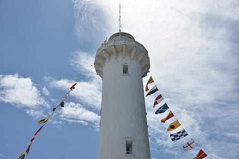 lighthouse, yucatan, progress, flags, sunny, mexico, landscape, sky, low angle view, architecture, building exterior, built structure, tower, tall - high, day, nature, cloud - sky, no people, travel, building, direction, guidance, outdoors, travel destinations, protection, cold temperature, 5K, CC0, public domain, royalty free