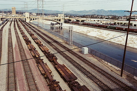 photography, train rails, bridge, industry, rails, train, transportation, rail transportation, track, railroad track, mode of transportation, high angle view, public transportation, day, train - vehicle, no people, architecture, nature, built structure, freight train, sky, outdoors, cable, travel, connection, electricity, shunting yard, power supply, station, 1080P, CC0, public domain, royalty free