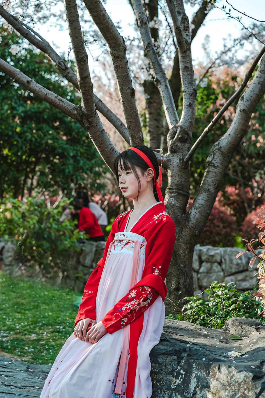 geisha, sidder, træ, beklædning, tøj, robe, mode, person, human, kjole, kimono, plante, aftenkjole, kostume, blomst, blomstre, geranium, kunst, grafik, mønster, floral design, portræt, rigtige mennesker, en person, stående, fritidsaktivitet, ung voksen, livsstil, Kvinder, rød, dag, tre kvart længde, natur, unge kvinder, smilende, vækst, hunner, udendørs, smuk kvinde, frisure, 8K