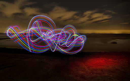 long exposure, light trails, multi colored, illuminated, light trail, sky, night, motion, light painting, cloud - sky, no people, nature, creativity, water, light - natural phenomenon, abstract, glowing, connection, futuristic, blurred motion, outdoors, digital composite, black background, 5K, CC0, public domain, royalty free