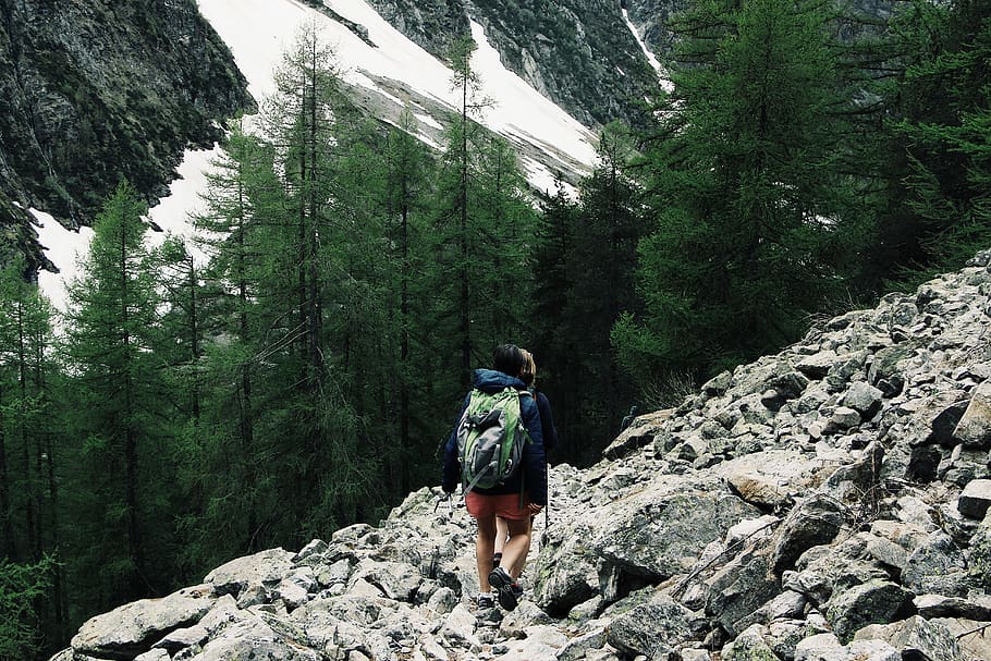 person, gå, stenet, vej, eventyr, rygsæk, backpacker, klatre, klatrer, miljø, gran, Skov, høj, vandretur, landskab, bjerg, natur, bjergbestigning, klipper, naturskøn, sne, sten-, trek, trekking, træ, fritidsaktivitet, plante, vandring, aktivitet, livsstil, bagfra, klippe, solid, skønhed i naturen, rigtige mennesker, grøn farve, rock-objekt, jord, ferier, rejse, udendørs, 5K