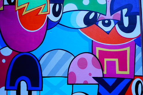 multicolored mural, multi colored, full frame, art and craft, backgrounds, creativity, no people, pattern, wall - building feature, graffiti, blue, close-up, vibrant color, red, street art, text, day, built structure, western script, architecture, 5K, CC0, public domain, royalty free