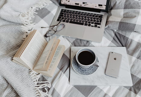 everything, need, work, bed, workspace, computer, macbook, iphone, book, phone, mobile, laptop, reading, above, cell phone, bedding, bedroom, blogging, flatlay, technology, table, communication, wireless technology, drink, cup, indoors, coffee, coffee - drink, food and drink, mug, furniture, coffee cup, paper, high angle view, connection, no people, refreshment, keyboard, 5K, CC0, public domain, royalty free