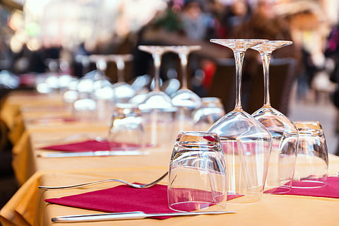 beautiful, glasses, restaurant, city street, table, business, glass, food and drink, focus on foreground, household equipment, drinking glass, drink, no people, glass - material, indoors, cafe, freshness, transparent, setting, wineglass, food, place setting, refreshment, 5K, CC0, public domain, royalty free