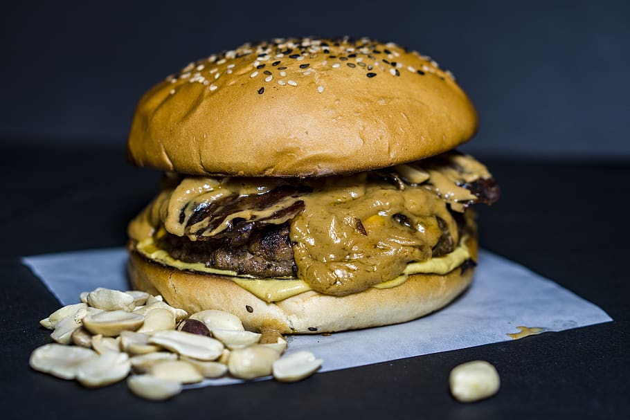 Hamburger, gegrillt, Fleisch, Fast Food, Lebensmittel, ungesunde Ernährung, Studioaufnahme, Essen und Trinken, Burger, drinnen, fertig für den Verzehr, Brötchen, Sandwich, Nahansicht, Frische, Genuss, keine Leute, schwarzer Hintergrund, Stillleben, Samen, Brot, Versuchung, Cheeseburger, 5K
