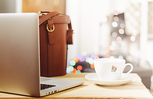 desk, table, laptop, notebook, coffee, business, office, computer, workplace, bag, case, work, cup, mug, modern, communication, mobile, technology, wireless technology, coffee cup, drink, coffee - drink, connection, indoors, food and drink, furniture, focus on foreground, still life, no people, saucer, crockery, 4K, CC0, public domain, royalty free